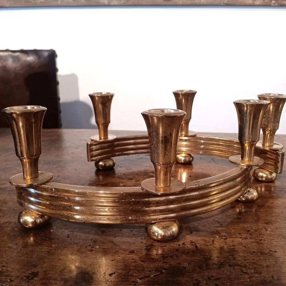 Pair of Vintage Dirilyte Model 915 Curved Brass Candelabras Art Deco MCM Gold